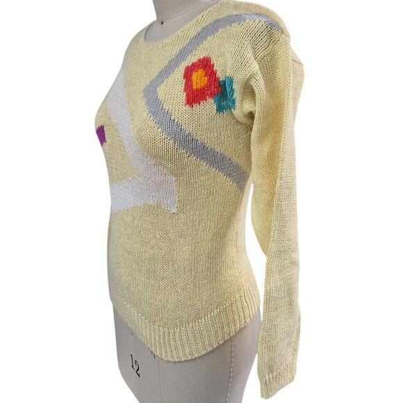 Vtg 80s 90s Adele Barre Ramie Blend Yellow Intarsia Sweater Abstract Metallic  M - Picture 3 of 5